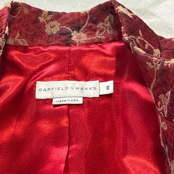 Garfield & Marks red Floral Blazer Open Front Jacket pockets Size 8 Made In USA - Picture 4 of 9